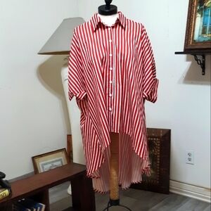 Red White Striped Blouse High low dress shirt button up super cute long